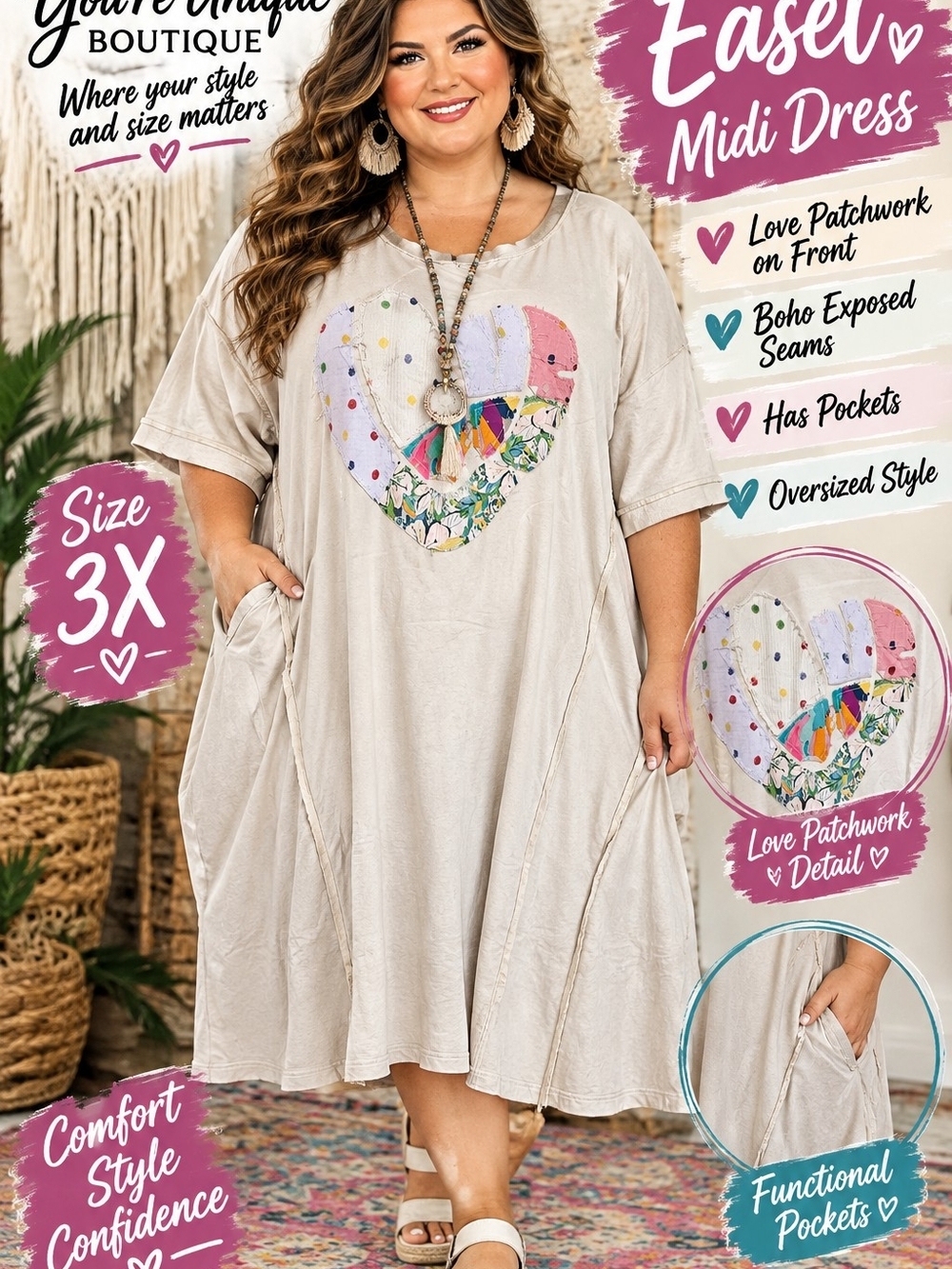 Easel Beige Midi Dress with Multicolor Patchwork Heart